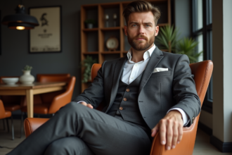 Homme élégant en costume sur fauteuil en cuir