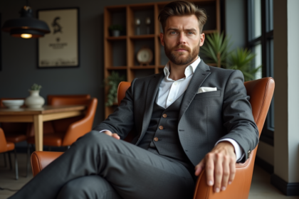 Homme élégant en costume sur fauteuil en cuir