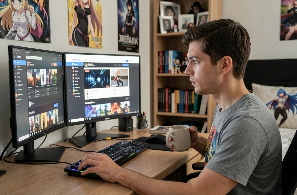 Jeune homme consultant son site de suivi d'animés sur un double écran dans sa chambre décorée