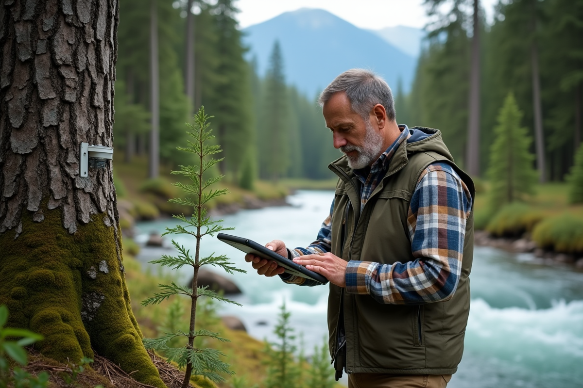 Homme avec tablette surveillant une forêt et rivière