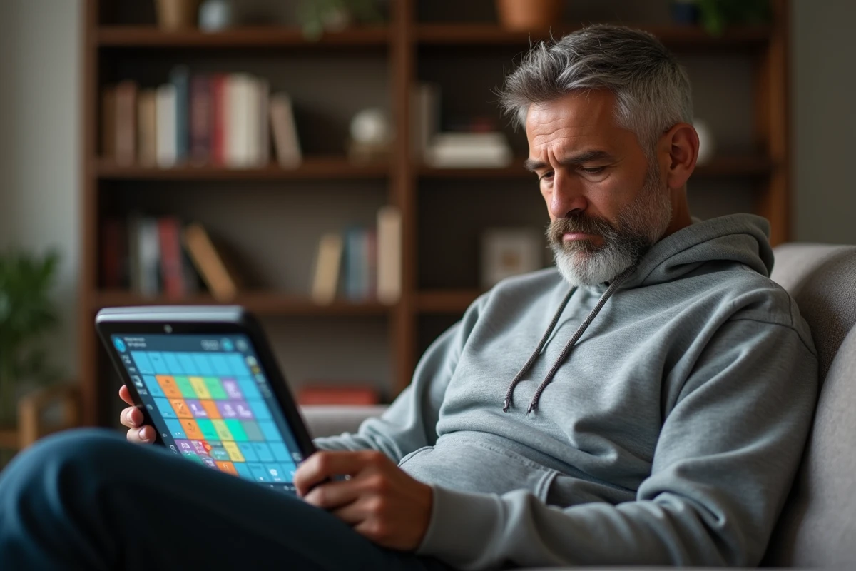 Homme concentré sur une énigme de mots 4 Images 1 Mot de 9 lettres sur tablette numérique