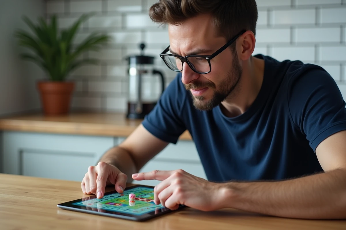 Homme avec lunettes utilisant une tablette pour jouer à Monopoly GO sur une table en bois dans une cuisine moderne