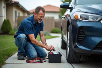 Homme en bleu connectant un panneau solaire à une voiture