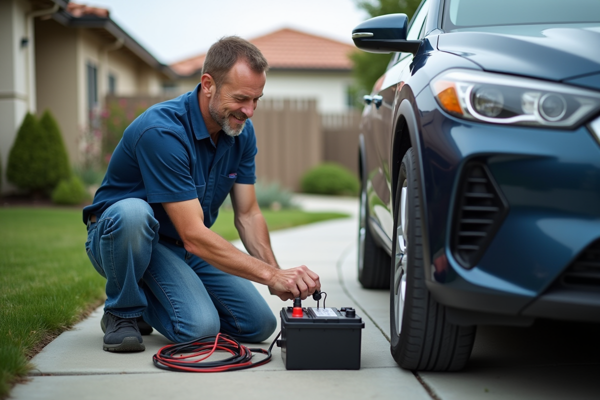 Homme en bleu connectant un panneau solaire à une voiture