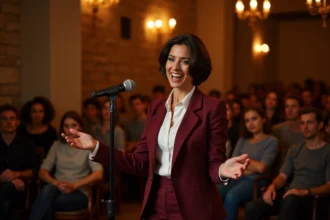 Humoriste française sur scène dans un club de stand-up parisien, micro en main, expressive et confiante