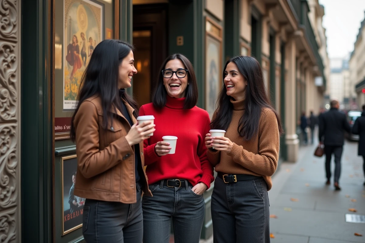 Trois humoristes françaises riant devant un théâtre parisien après un spectacle de stand-up