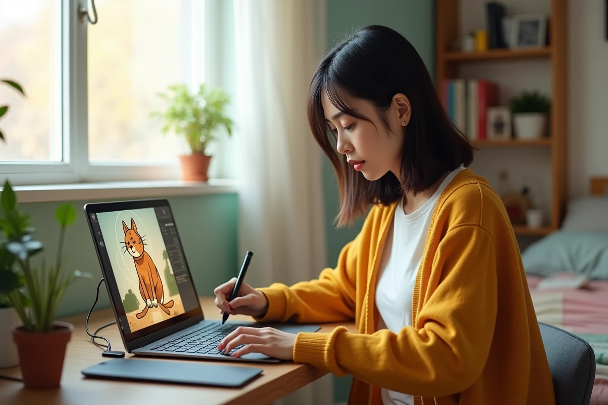 Jeune femme utilisant une tablette graphique pour créer une illustration numérique dynamique d'un personnage de chat bondissant