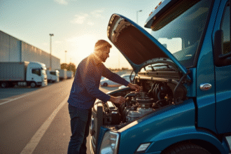 Personne inspectant le moteur d'un véhicule utilitaire en plein jour