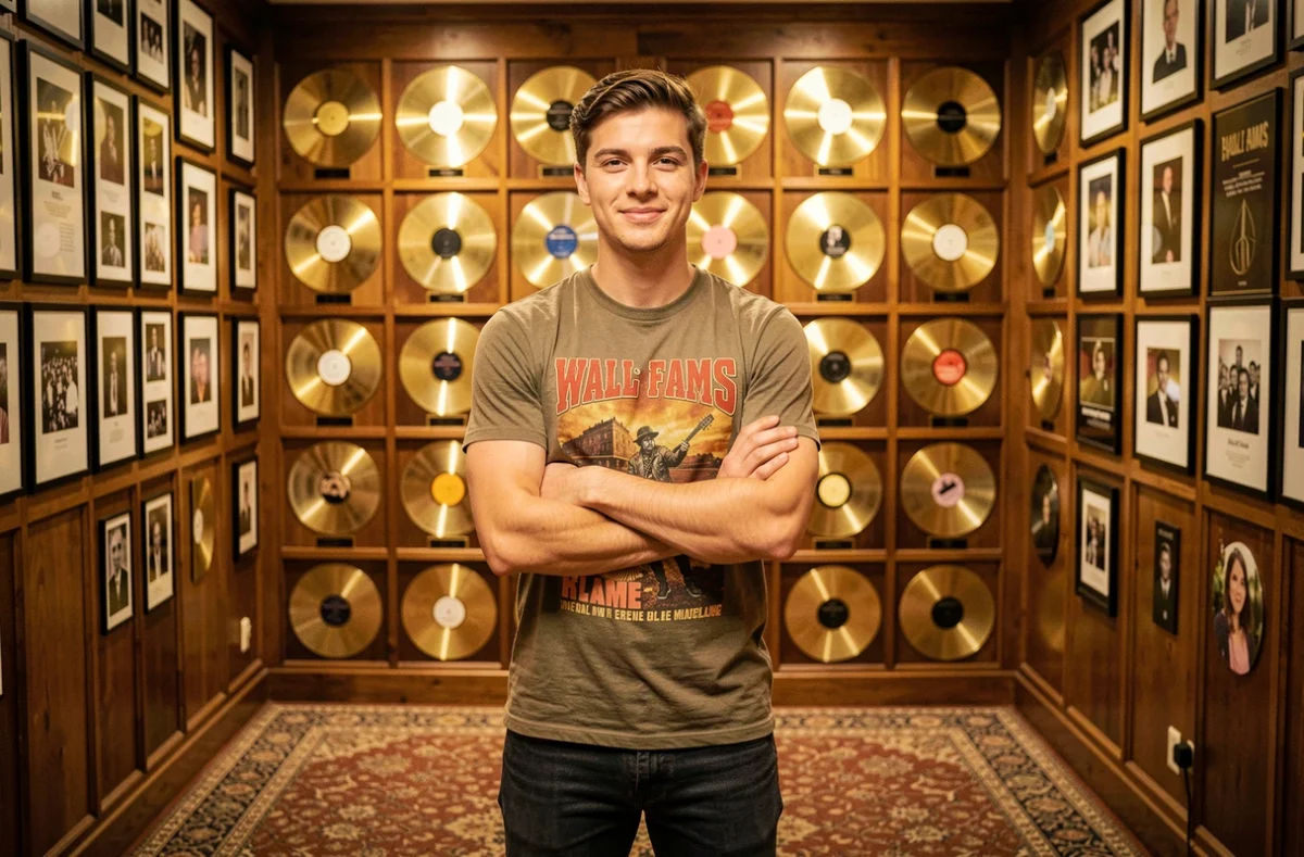 Jeune chanteur américain devant un mur de disques d'or dans un studio d'enregistrement historique, symbole du chemin vers l'icône
