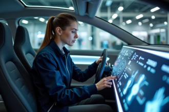 Jeune femme ingénieure automobile dans un concept car futuriste