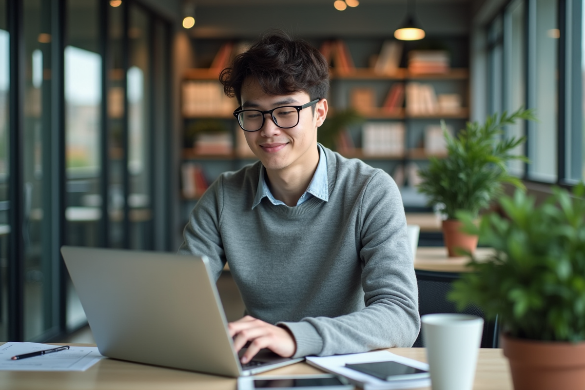 Jeune étudiant en coworking mettant à jour son CV sur un ordinateur