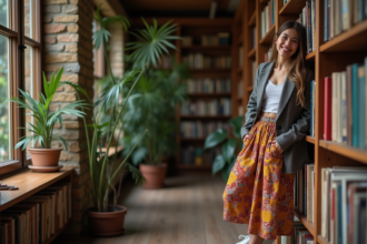 Jeune femme dans une bibliothèque chaleureuse et colorée