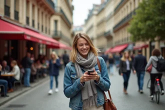 Jeune femme souriante avec smartphone dans une rue de Bordeaux