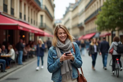 Jeune femme souriante avec smartphone dans une rue de Bordeaux