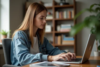 Jeune femme concentrée sur son ordinateur dans une chambre cosy