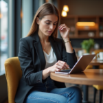 Jeune femme en blazer dans un café moderne utilisant une tablette