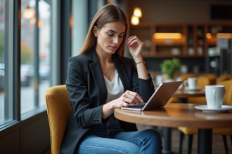 Jeune femme en blazer dans un café moderne utilisant une tablette