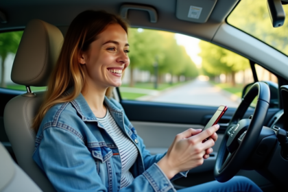 Jeune femme souriante dans une voiture avec smartphone