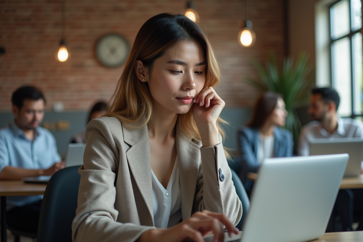 Jeune femme concentrée analysant des données financières dans un espace coworking
