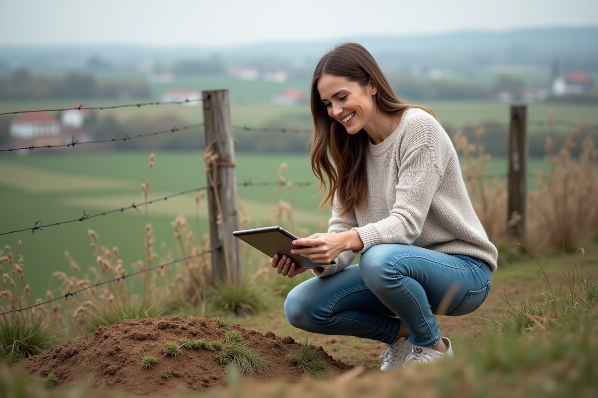 Jeune femme souriante examinant un terrain rural avec tablette