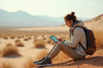 Jeune femme en extérieur examine une tablette dans un désert aride