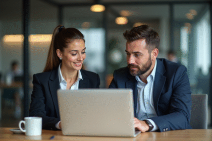 Jeune femme et homme en réunion de travail dans un bureau moderne
