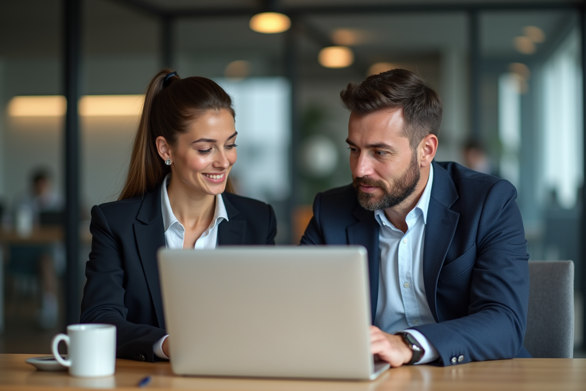 Jeune femme et homme en réunion de travail dans un bureau moderne