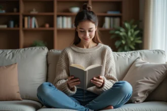 Jeune femme lisant manga sur tablette dans un salon moderne