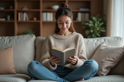 Jeune femme lisant manga sur tablette dans un salon moderne