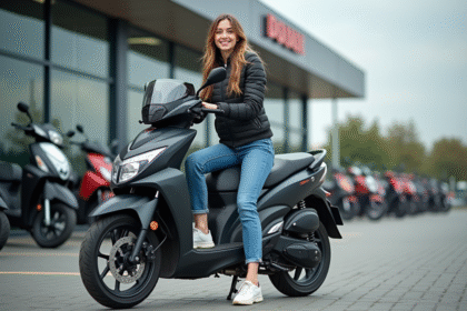 Jeune femme en moto textile sur une 125cc en ville