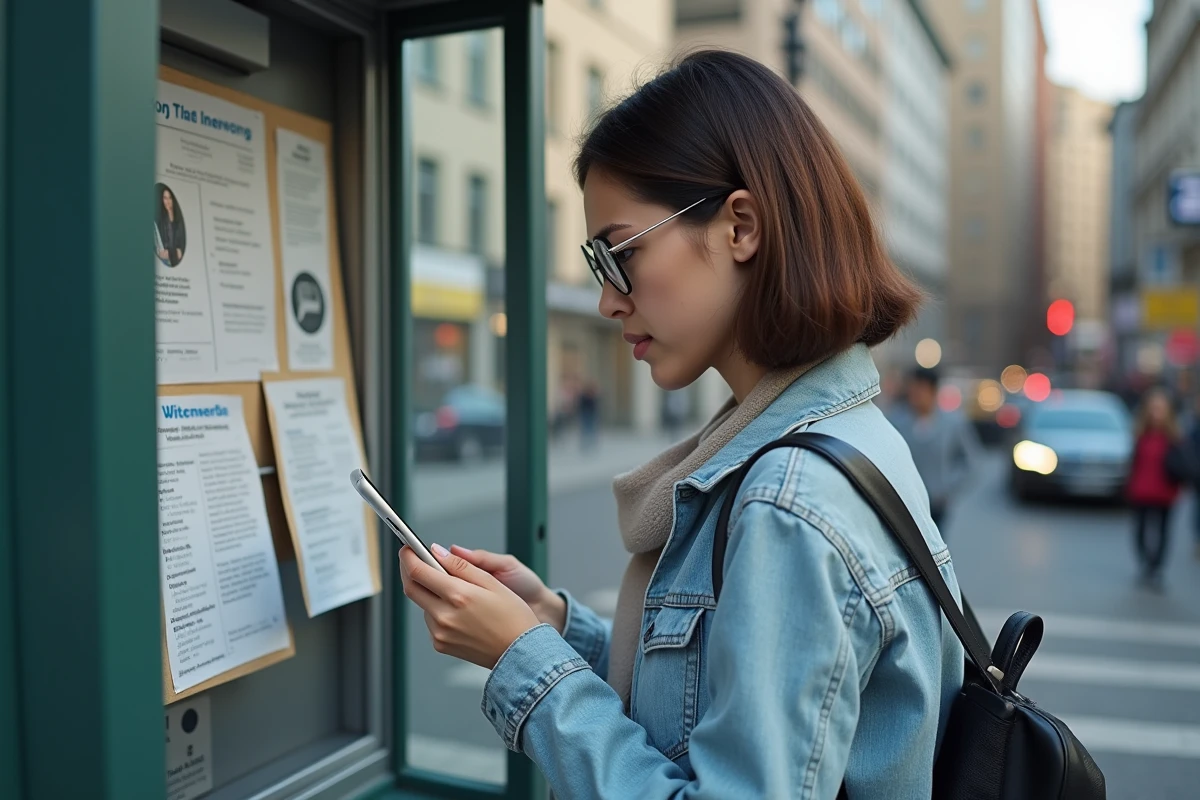 Jeune femme dans une cabine téléphonique urbaine