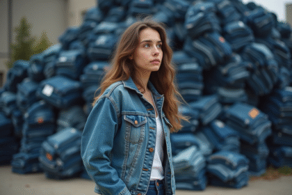 Jeune femme devant pile de jeans recyclés en centre textile