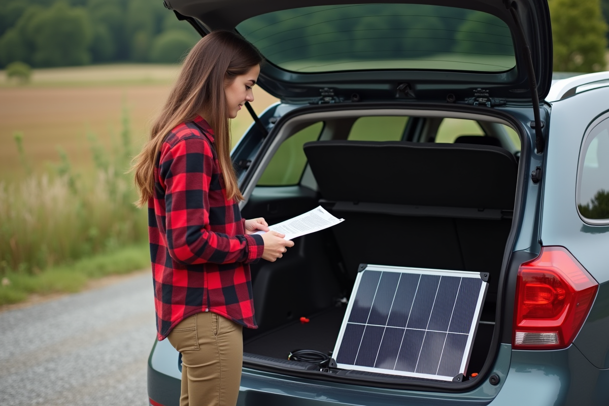 Jeune femme lisant un manuel près d une voiture solaire