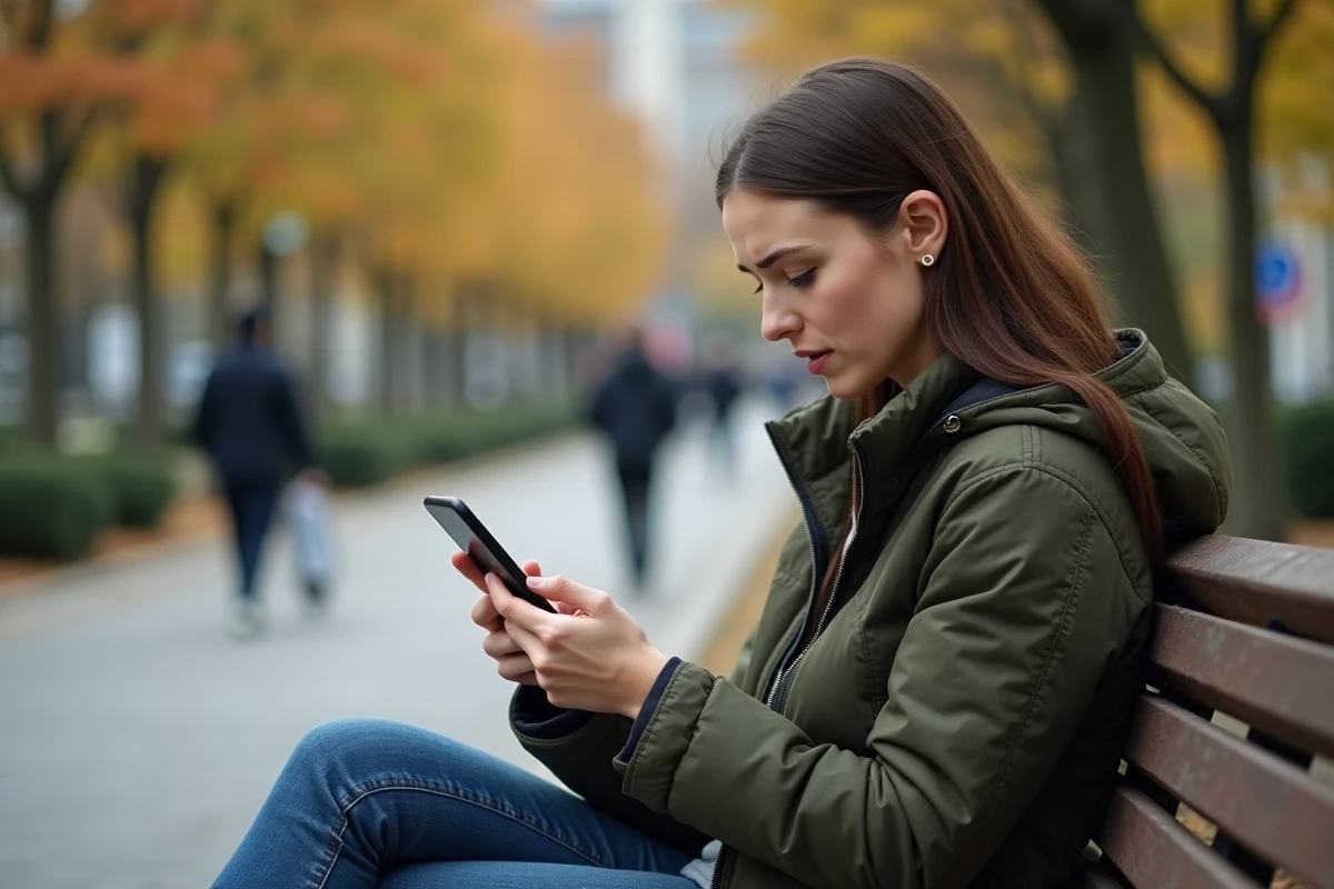 Jeune femme consultant la liste d'appels inconnus sur son téléphone en plein air, cherchant à identifier un numéro de démarchage 0568