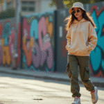 Jeune femme stylée marchant dans la ville avec hoodie et casquette