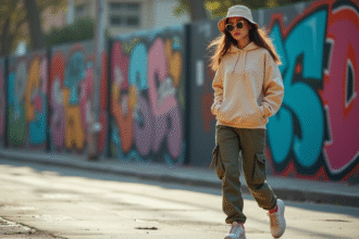 Jeune femme stylée marchant dans la ville avec hoodie et casquette