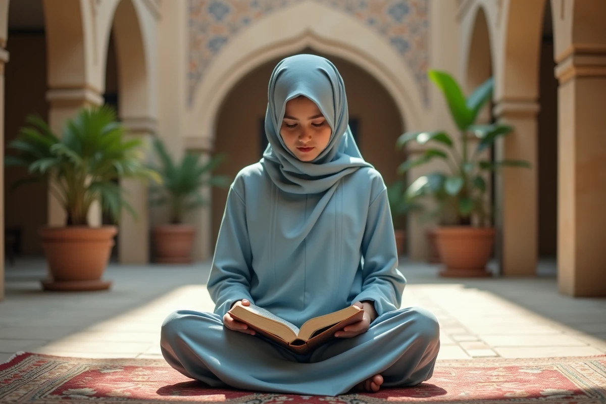 Jeune fille en hijab lisant le Quran en extérieur