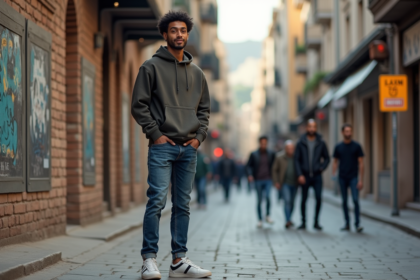 Jeune homme streetwear confiant dans une rue urbaine animée