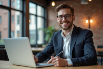 Jeune homme souriant dans un espace de coworking moderne