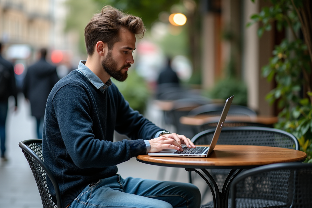 Jeune homme au café utilisant un ordinateur portable avec icônes de confidentialité