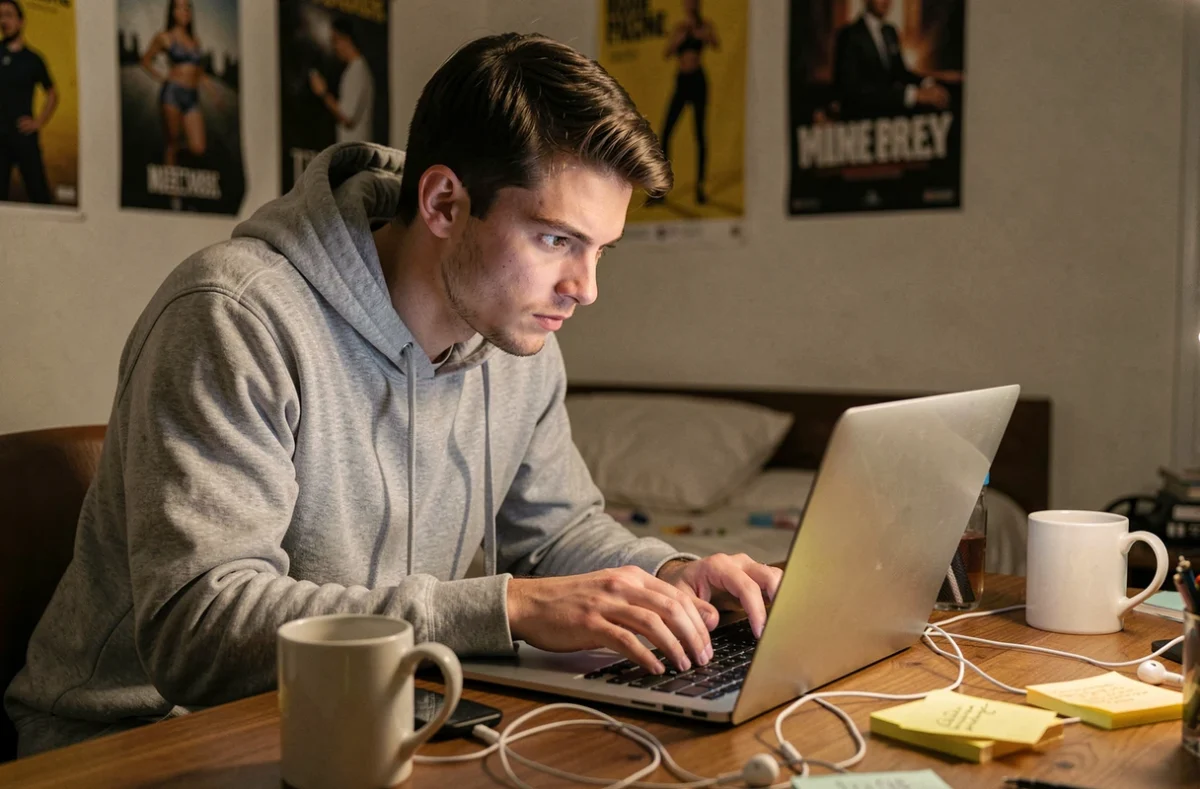 Jeune homme accro aux jeux .io en train de jouer intensément sur son ordinateur portable