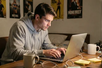 Jeune homme accro aux jeux .io en train de jouer intensément sur son ordinateur portable
