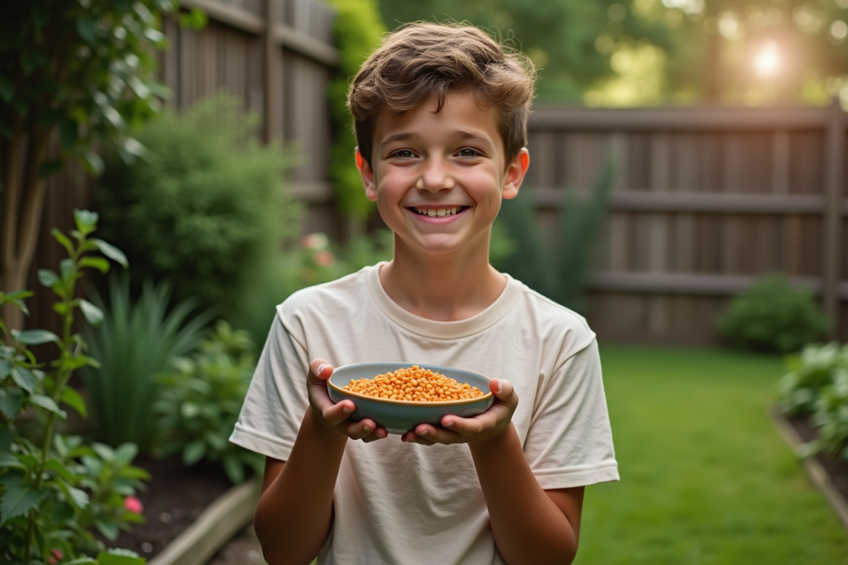 Adolescent avec lentilles dans un jardin verdoyant