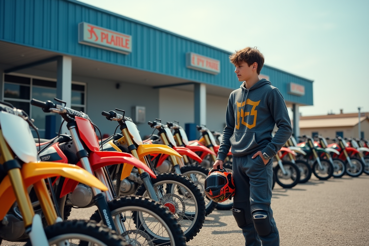 Jeune homme en motocross examine des motos 150cc