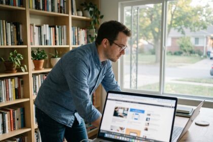 Jeune homme concentré sur son ordinateur à la maison
