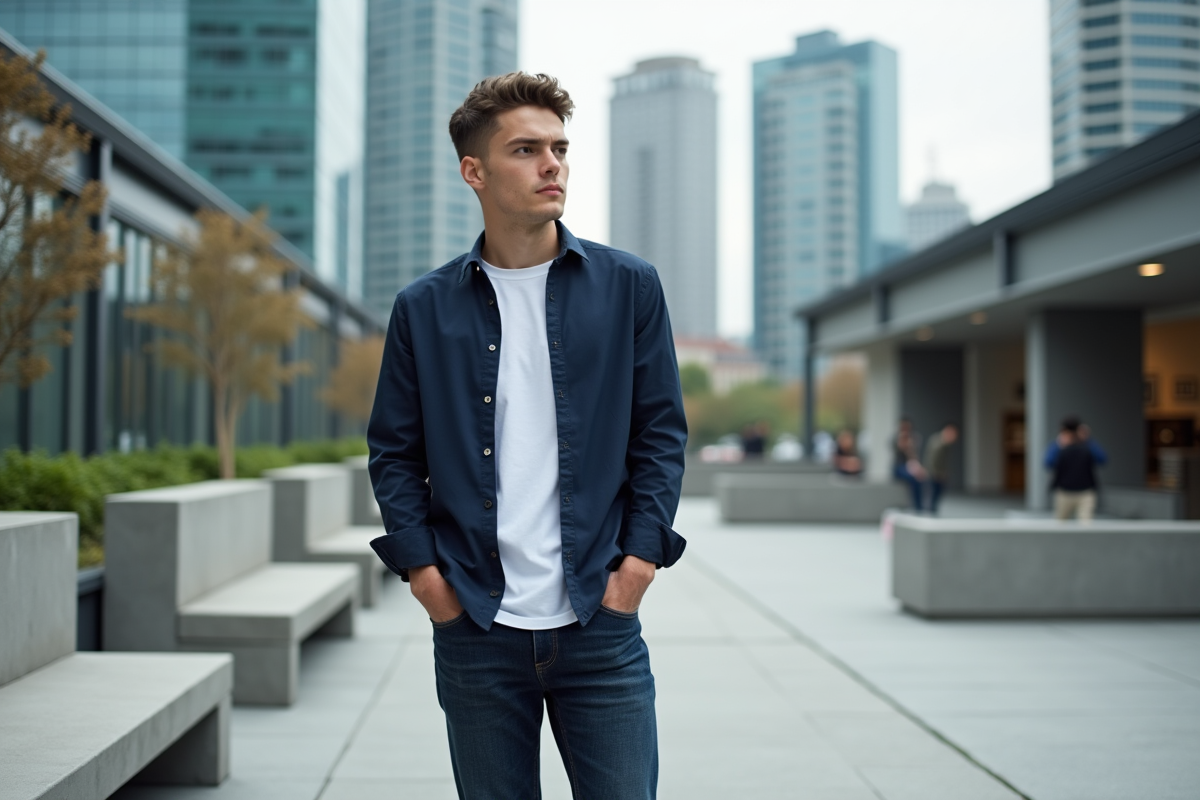 Jeune homme en tenue décontractée dans une place urbaine