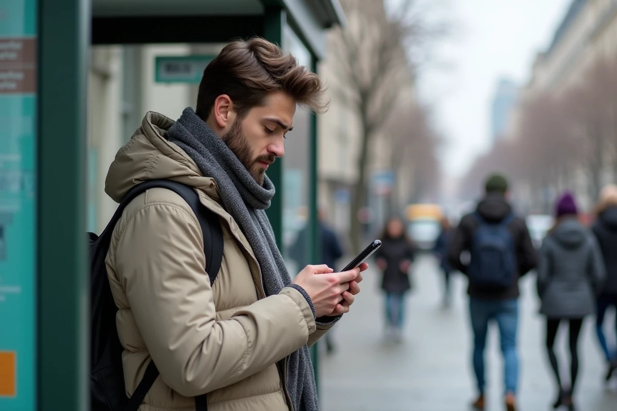 Jeune homme dans la rue regarde son téléphone