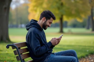 Jeune homme musulman avec smartphone dans un parc à Bondy