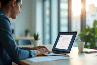 Jeune professionnel utilisant un ordinateur portable dans un bureau lumineux