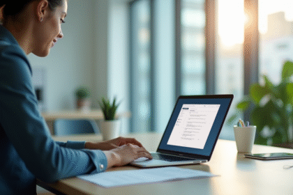 Jeune professionnel utilisant un ordinateur portable dans un bureau lumineux